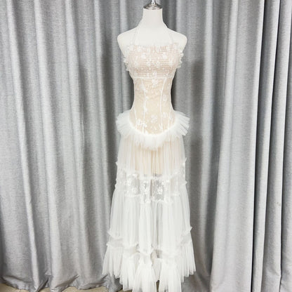 Hermosa Lace Splicing Layer Maxi Dress in White