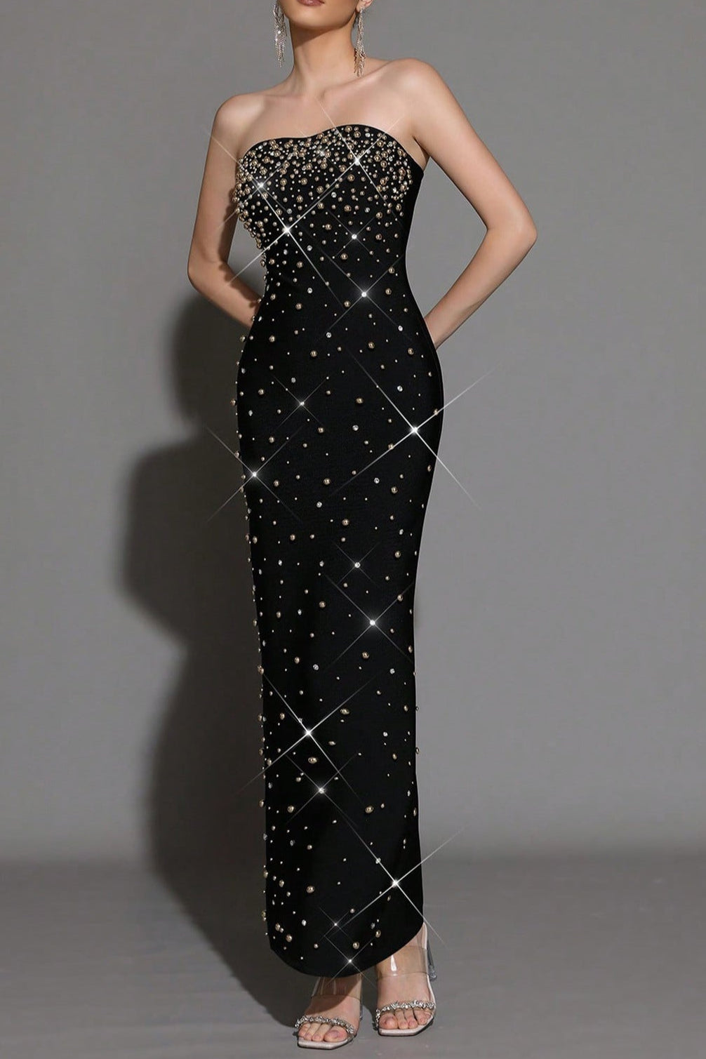 Pearl Rhinestone Beaded Strapless Black Maxi Dress Avalabel