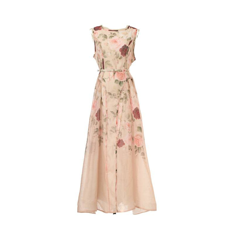 Sleeveless Rose Print Mesh Maxi Dress Avalabel