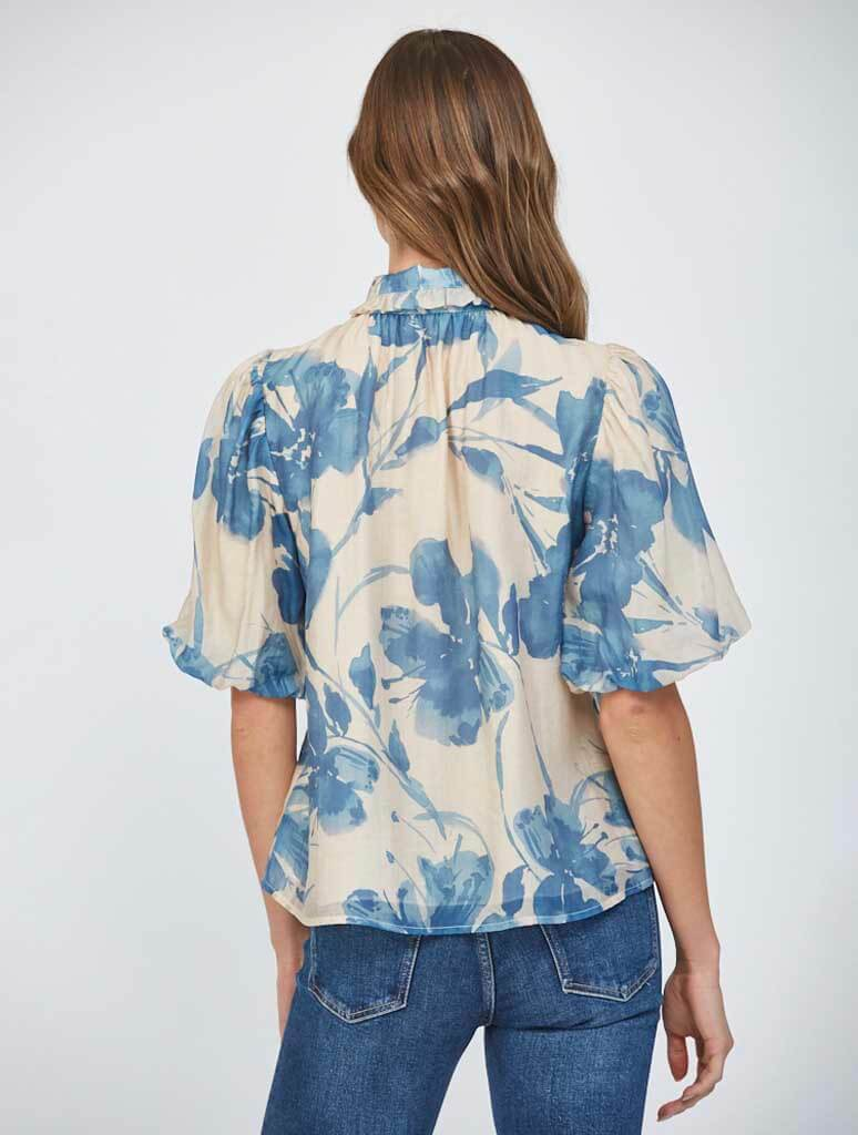 Beige & Blue Watercolor Floral Bow Neck Puff Sleeve Blouse Avalabel