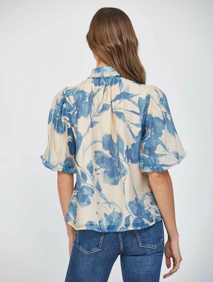 Beige & Blue Watercolor Floral Bow Neck Puff Sleeve Blouse