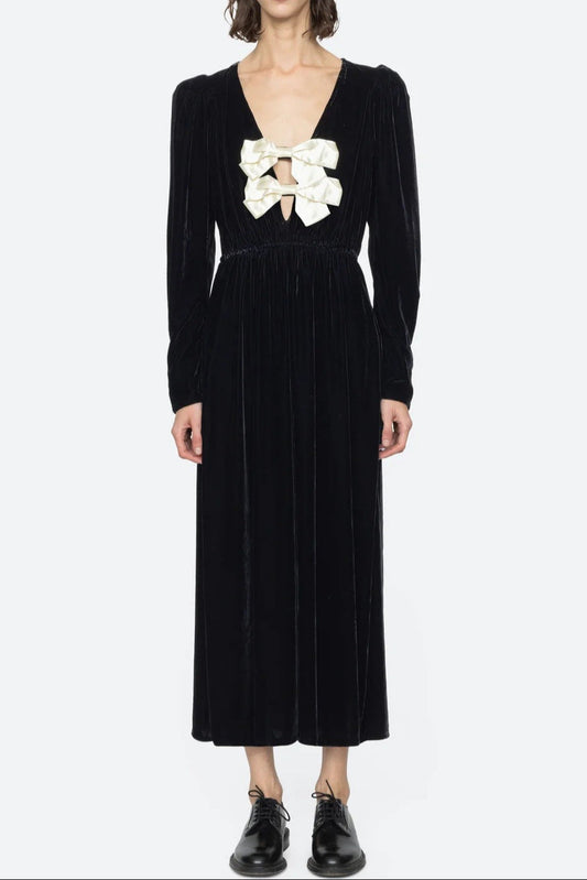 wallis black v-neck bow cutout velvet midi dress