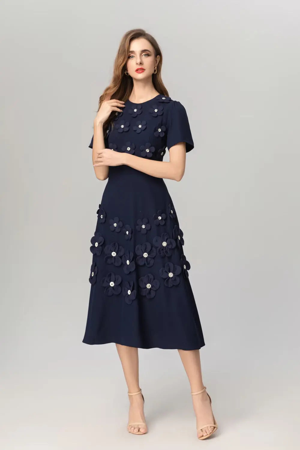katherine 3d flower appliqué midi dress in navy blue Avalabel