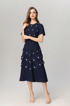 katherine 3d flower appliqué midi dress in navy blue Avalabel