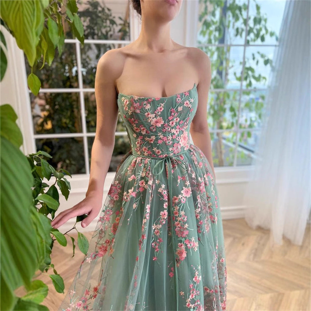 Strapless Floral Tulle Ballerina Midi Dress Avalabel