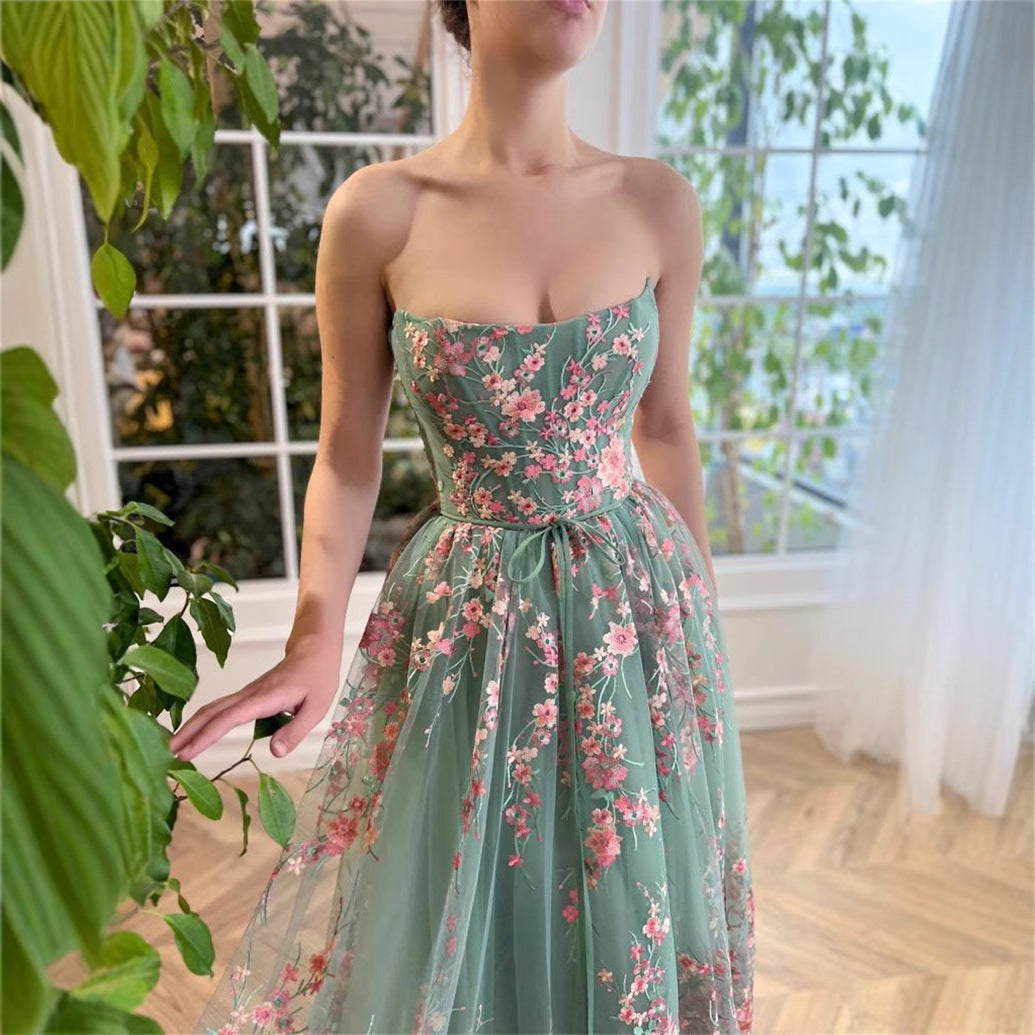Strapless Floral Tulle Ballerina Midi Dress Avalabel