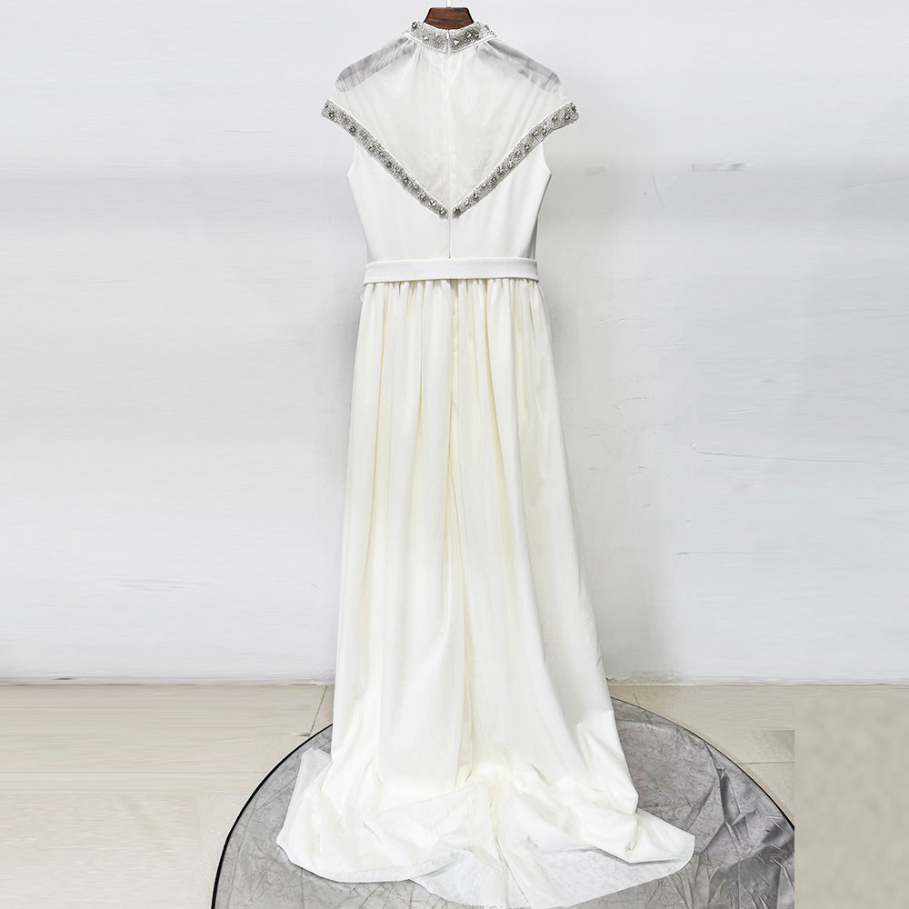 Mesh-Paneled Beaded Rhinestone-Embellished Maxi Dress - White Avalabel