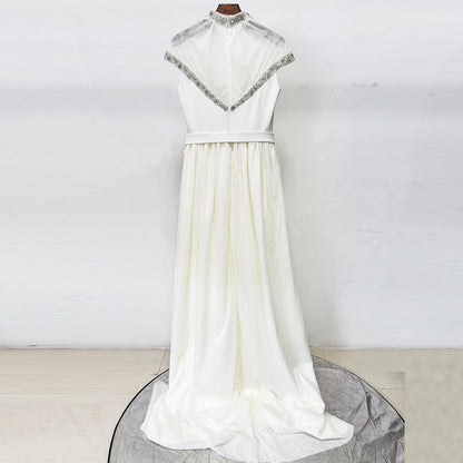 Mesh-Paneled Beaded Rhinestone-Embellished Maxi Dress - White