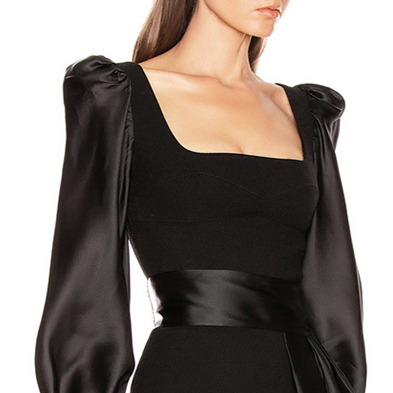 octavia black Square Neck satin mini Dress with Belt Avalabel
