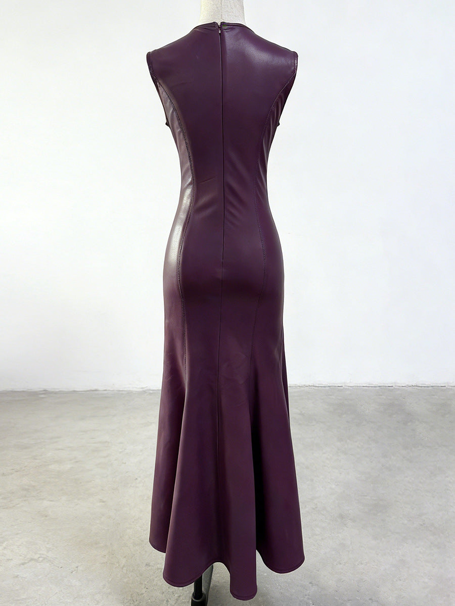 Ophelia V-Neck Sleeveless Leather Maxi Dress in Burgundy