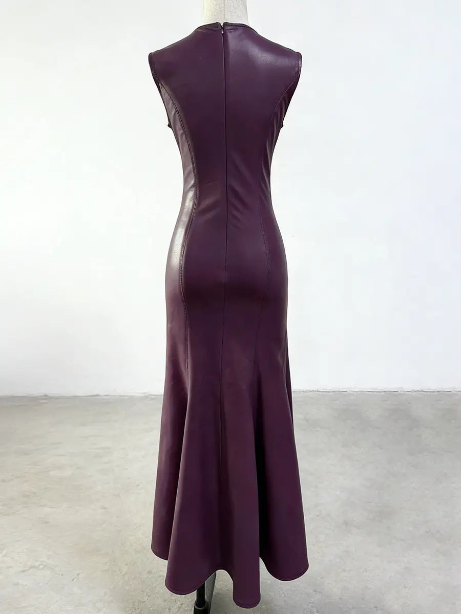 Ophelia V-Neck Sleeveless Leather Maxi Dress in Burgundy Avalabel