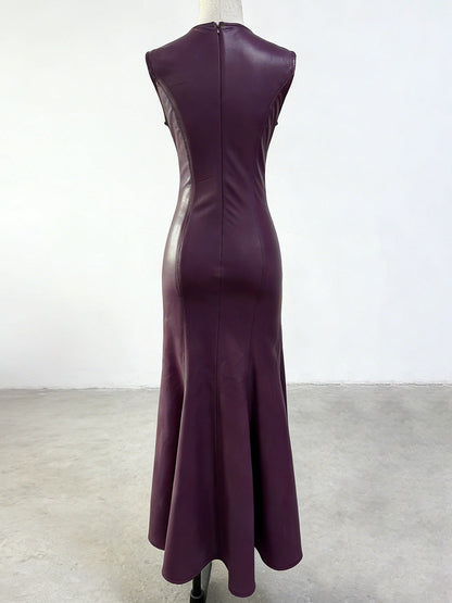 Ophelia V-Neck Sleeveless Leather Maxi Dress in Burgundy