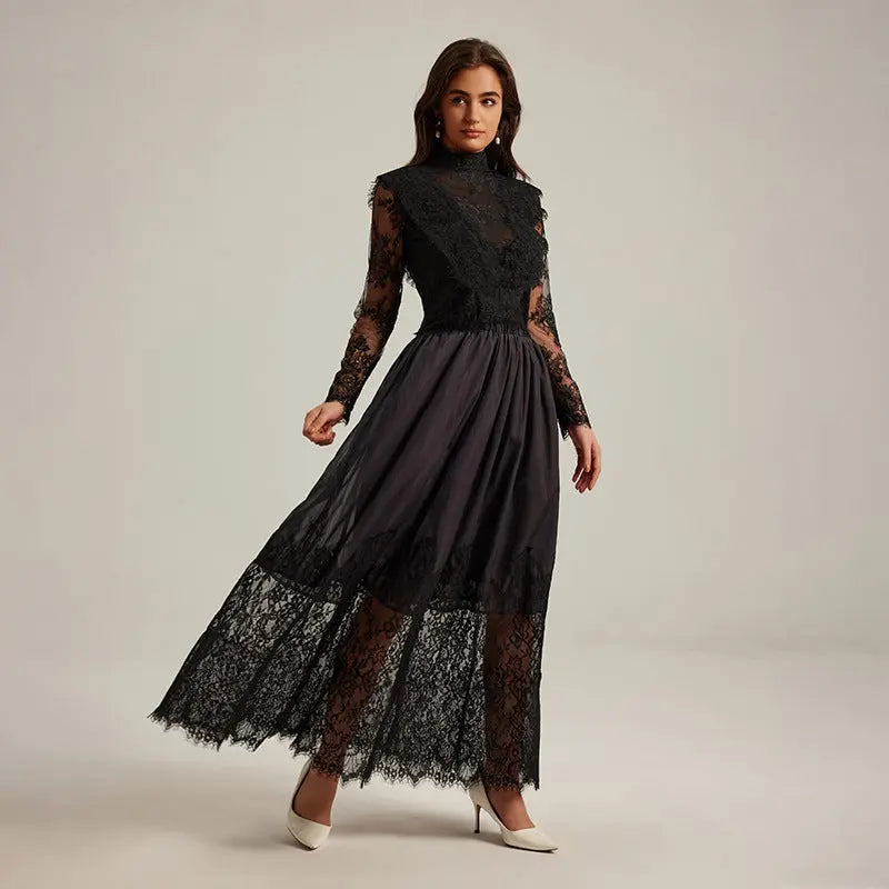 Lila Flowerr Lace Embroidery Maxi Dress Set in Black Avalabel
