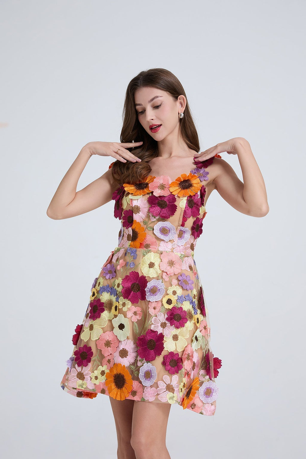 Georgia 3d Floral Lace Mini Dress in Apricot Avalabel