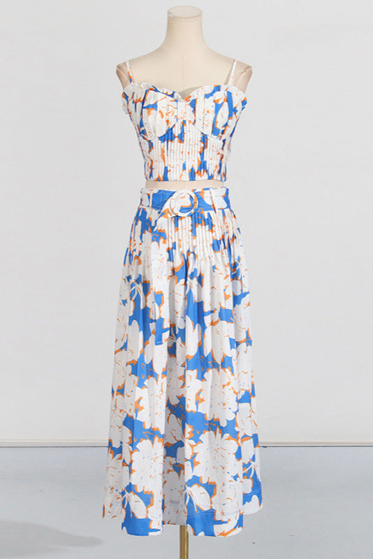Pleated Floral-Print Linen Bustier Top Skirt Set in Blue Avalabel