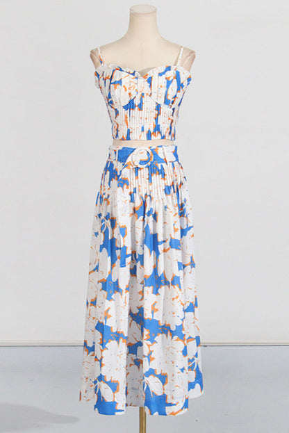 Pleated Floral-Print Linen Bustier Top Skirt Set in Blue