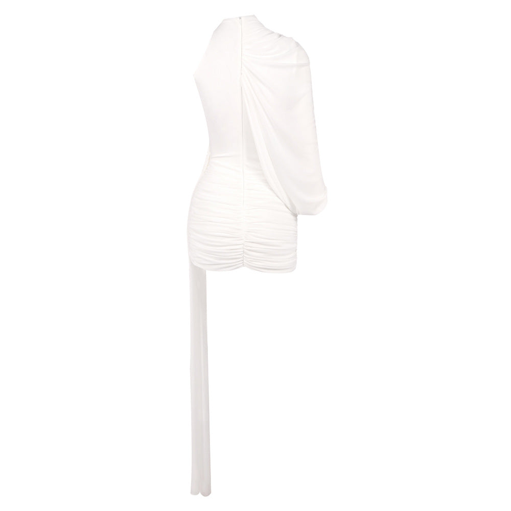 Off-Shoulder Single-Sleeve Pleated Bodycon Ribbon Mini Dress - White Avalabel