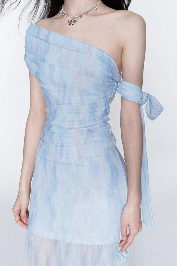 Rosalind One-Shoulder Pleated Slim Maxi Dress in Blue Avalabel