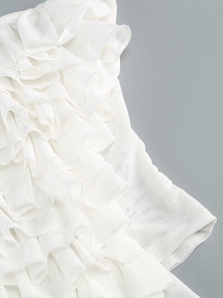 Helen Halter Ruched Mesh Floral Mini Dress in White Avalabel