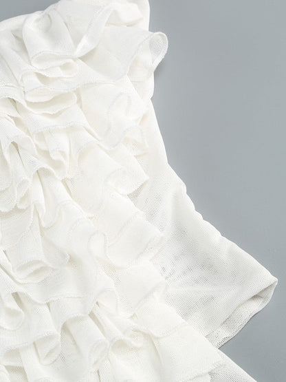 Helen Halter Ruched Mesh Floral Mini Dress in White
