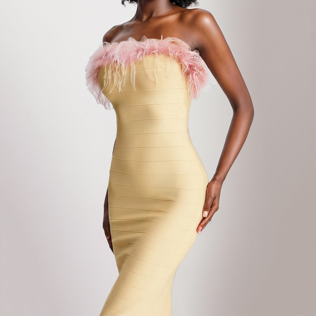 Yellow Midi Bandage Dress with Off-Shoulder Feather Embellishments Avalabel