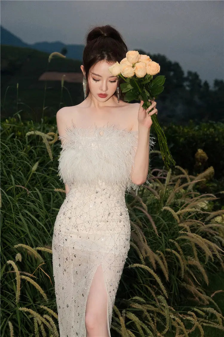 Masa White Haute Couture Feather Sequin Dress Avalabel