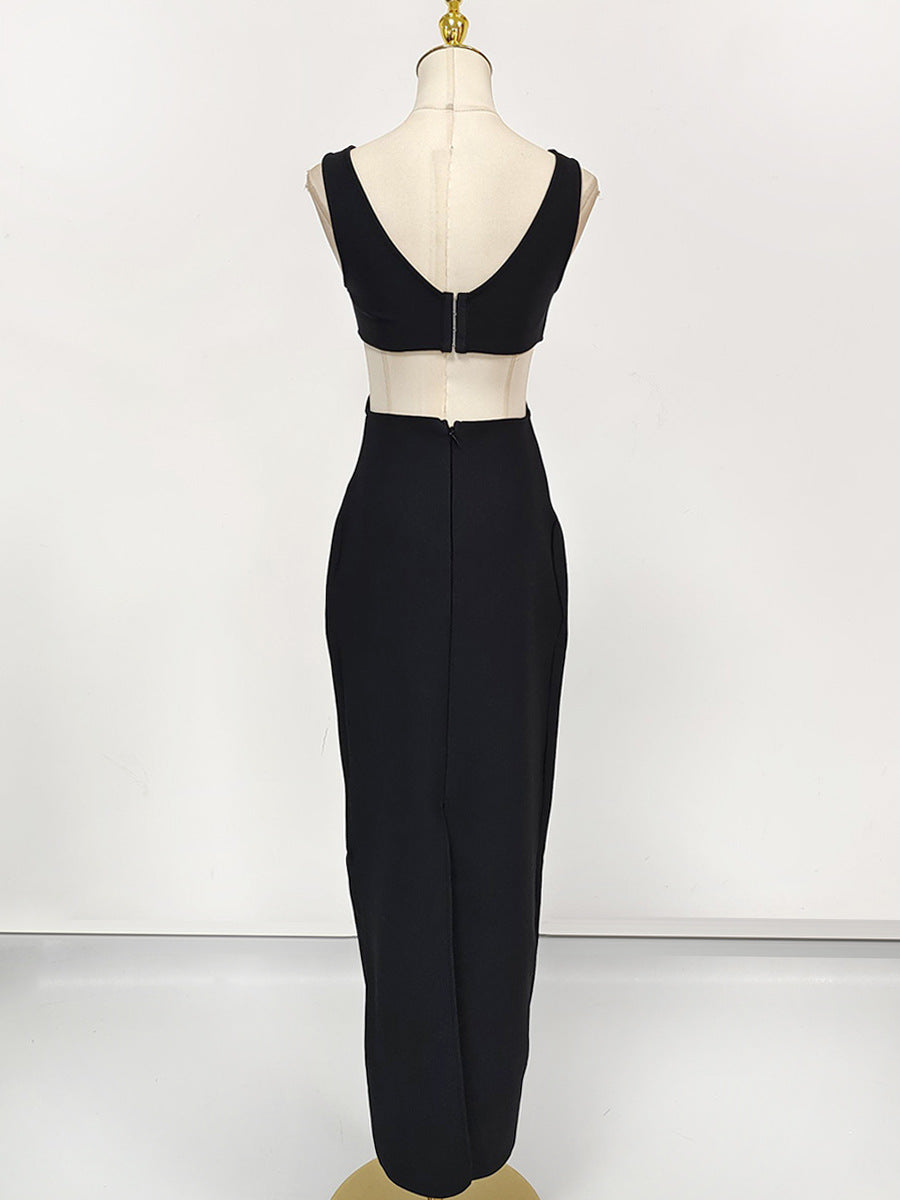 Flower V-Neck Hollow Out Maxi Dress in Black Avalabel