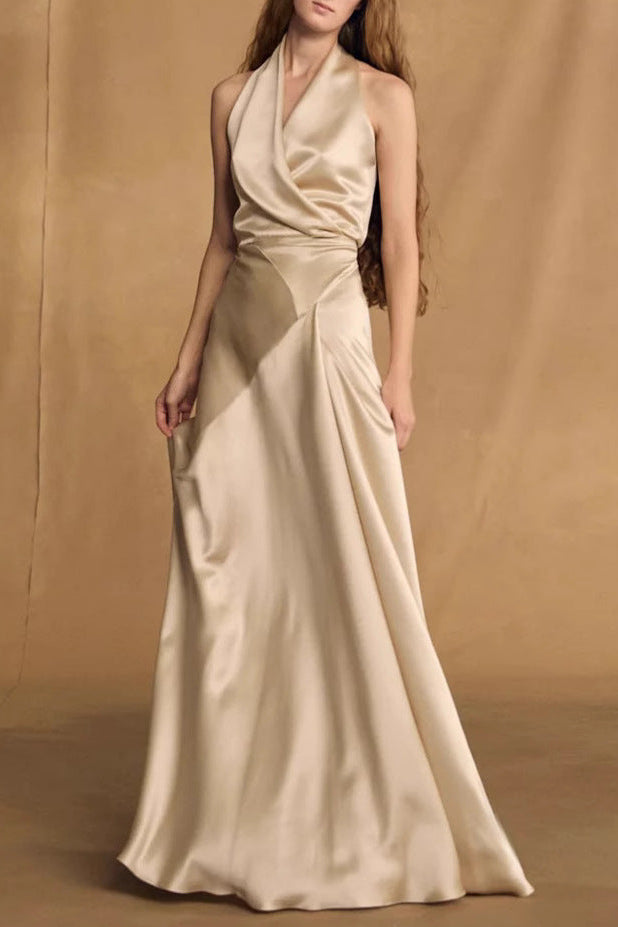 Kay Champagne Crepe Bias-Cut Satin Halter Maxi Dress Avalabel