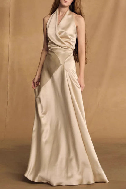 Kay Champagne Crepe Bias-Cut Satin Halter Maxi Dress