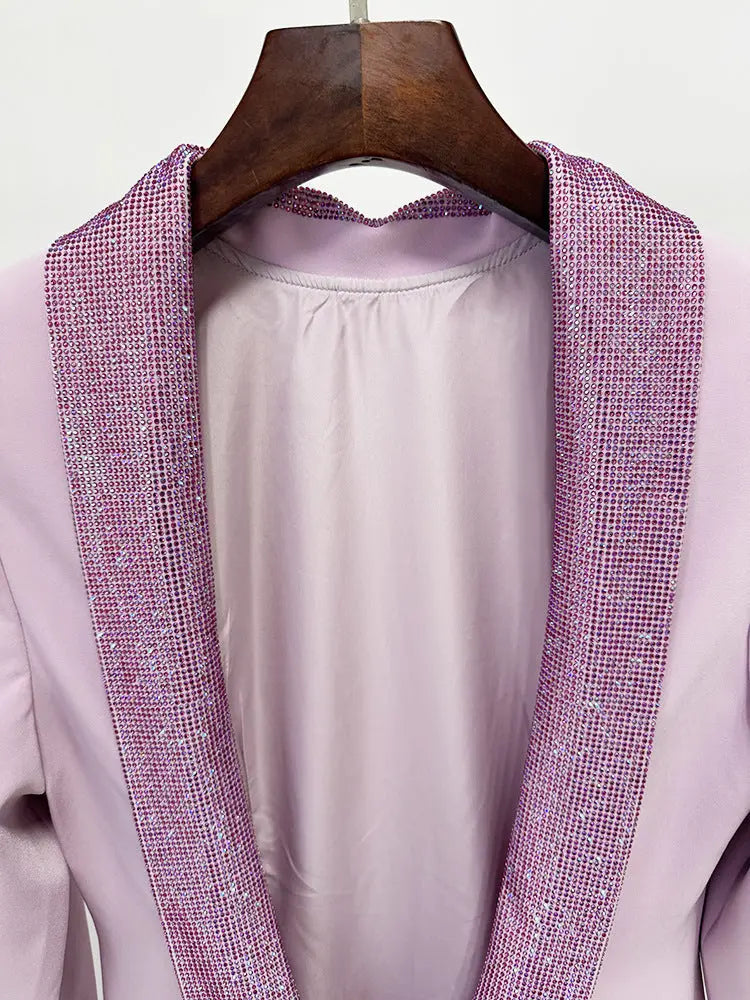 violet Pink crêpe maxi dress with crystal chainmail flower Avalabel