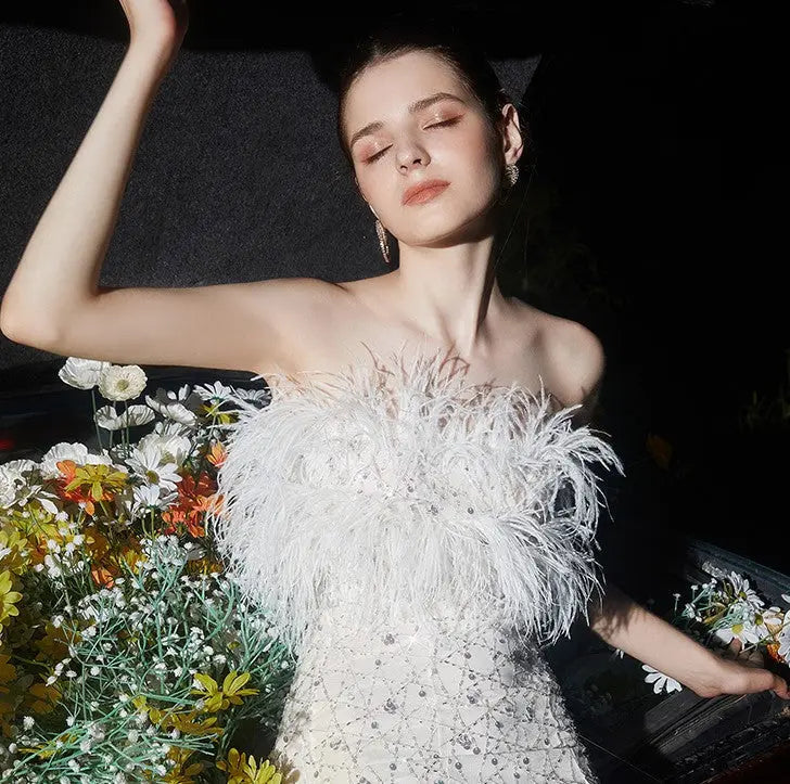 Masa White Haute Couture Feather Sequin Dress Avalabel