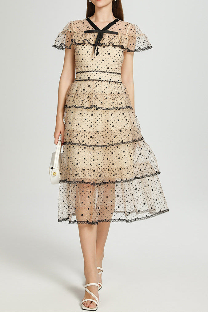 floral Embroidery pleated mesh midi dress in apricot Avalabel