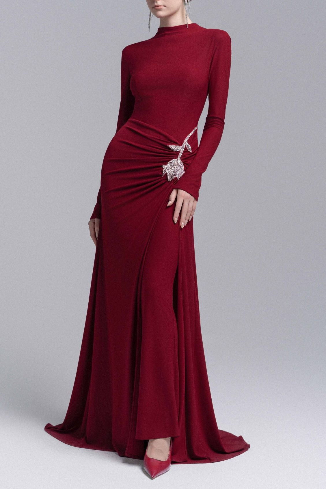 hedwig rose embellished gathered sheath gown in red Avalabel