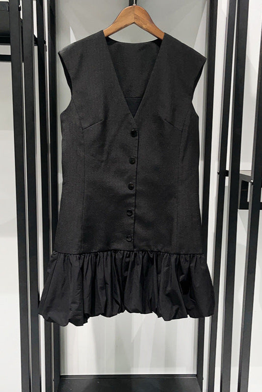 Button Front Bubble Hem mini Dress in Black Avalabel