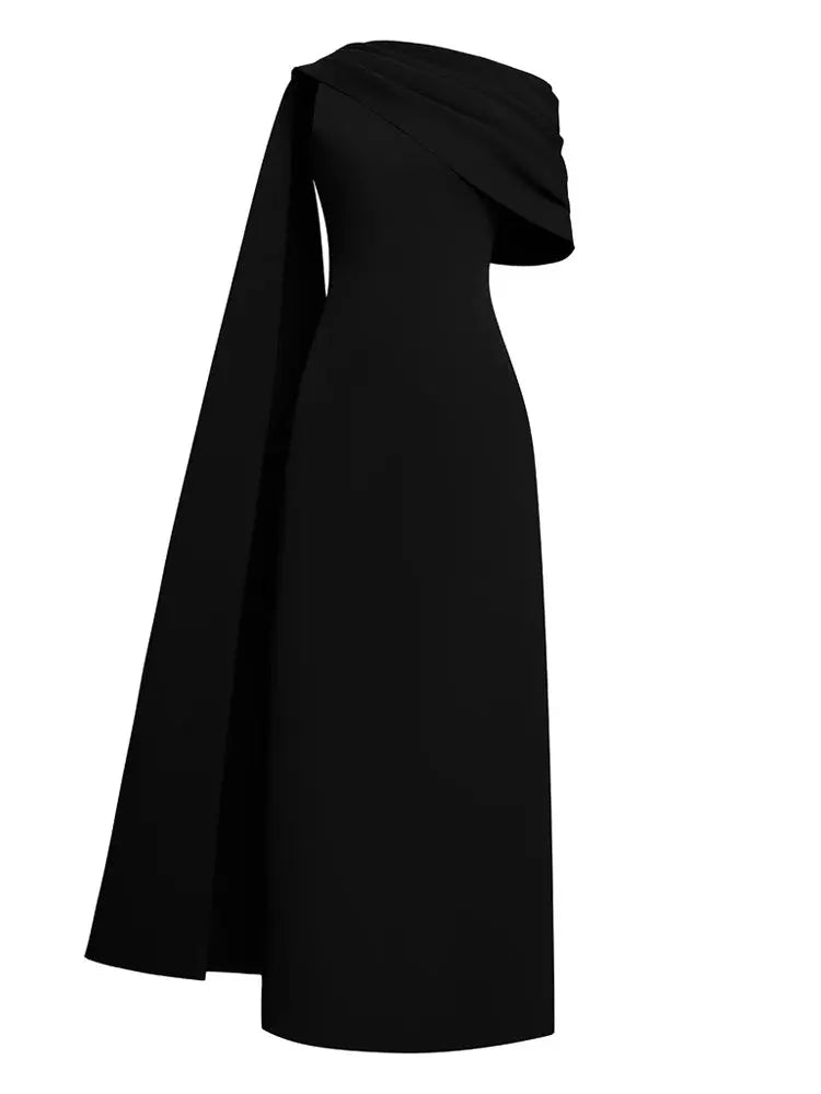 sibyl one-shoulder Knit asymmetrical pleated maxi dress in black Avalabel