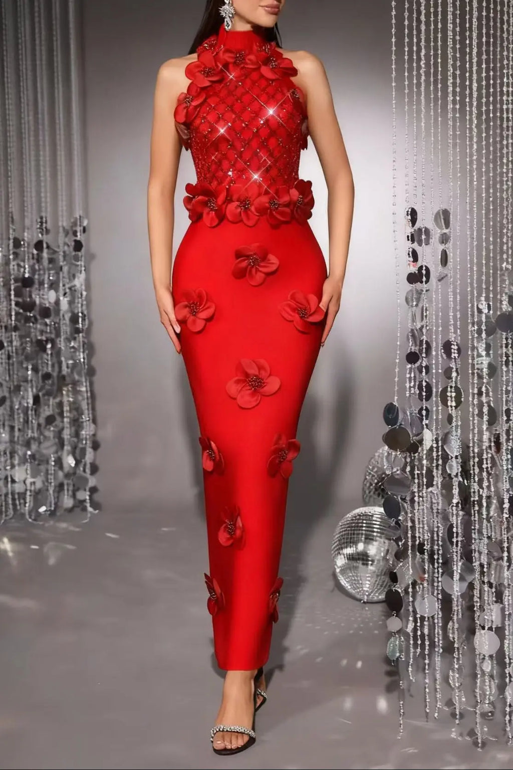Phoenix 3D Flower Sequin Halter Bandage Maxi Dress in Red Avalabel