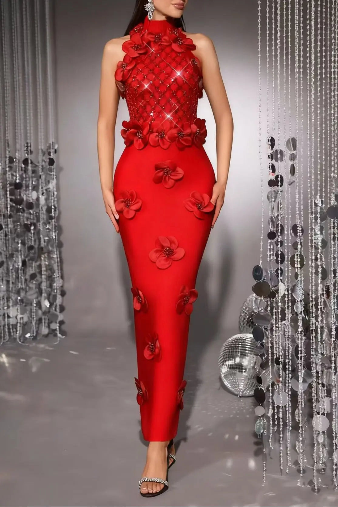 Phoenix 3D Flower Sequin Halter Bandage Maxi Dress in Red Avalabel