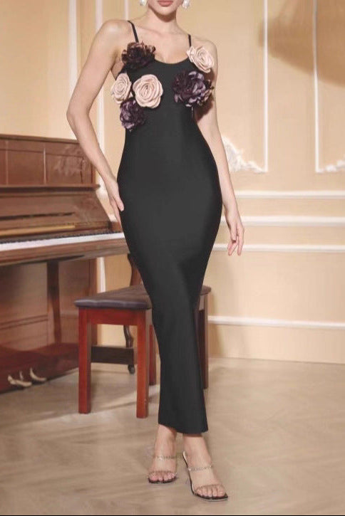 teresa 3d flower Spaghetti strap maxi dress in black Avalabel
