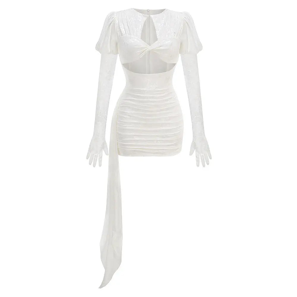 Dariel Floral Jacquard Cutout Draped Mini Dress - White Avalabel