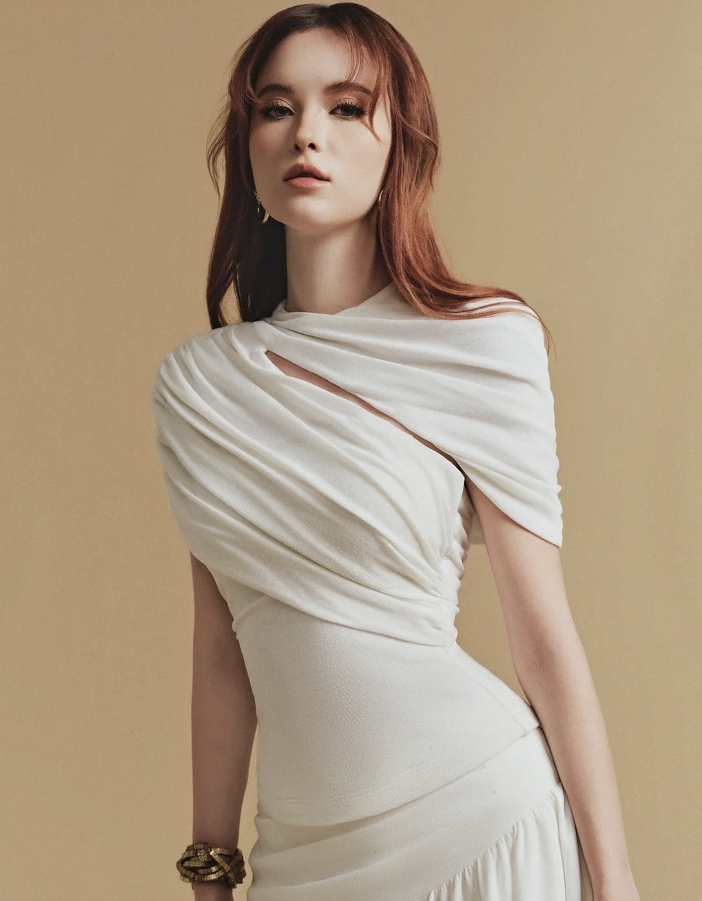 CASSIA Asymmetrical Ruched Top Midi Skirt Set in White Avalabel