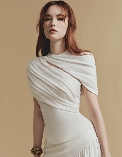 CASSIA Asymmetrical Ruched Top Midi Skirt Set in White