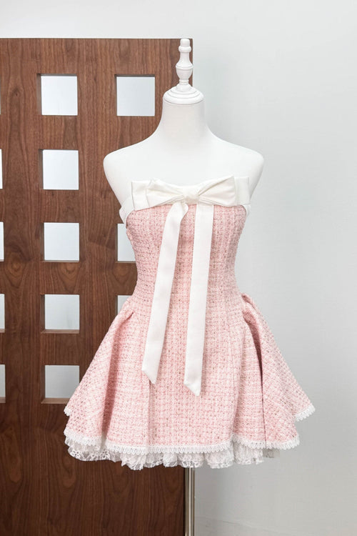 Bow Woven Lace Tube Top Mini Dress in Pink Avalabel