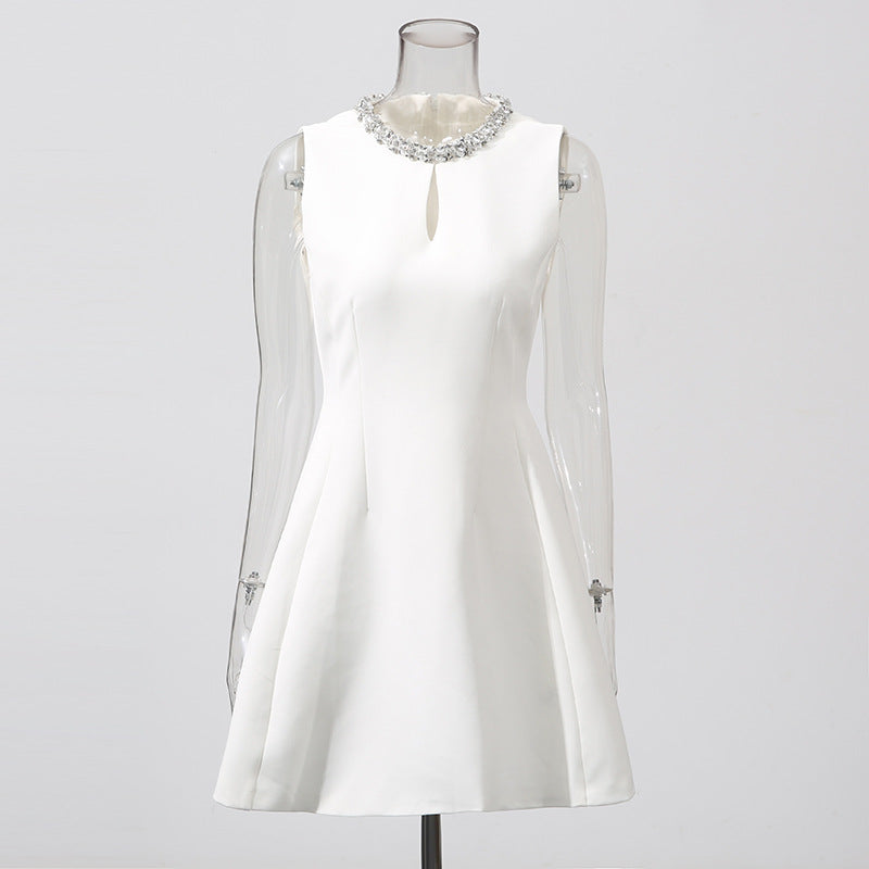 alyssa Round neck diamond sleeveless dress in white Avalabel