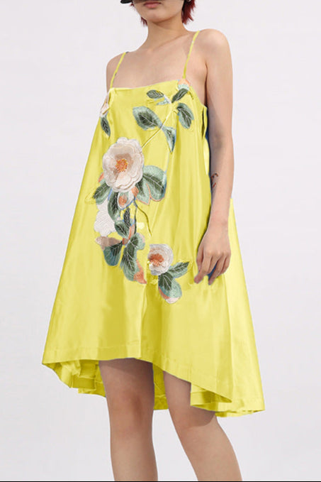 Edwina Applique Floral Embroidered Mini Dress in Yellow Avalabel