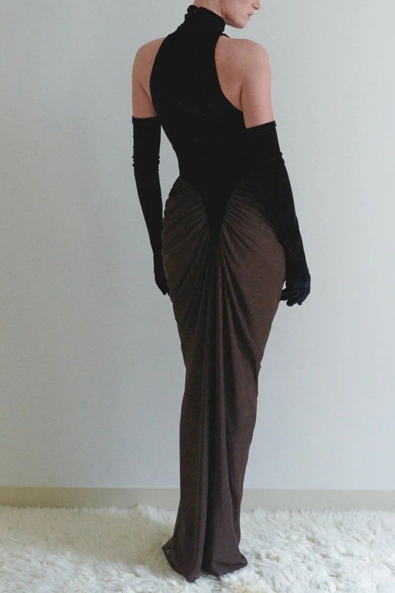 Velvet Mesh Patchwork Maxi Dress in Black Avalabel