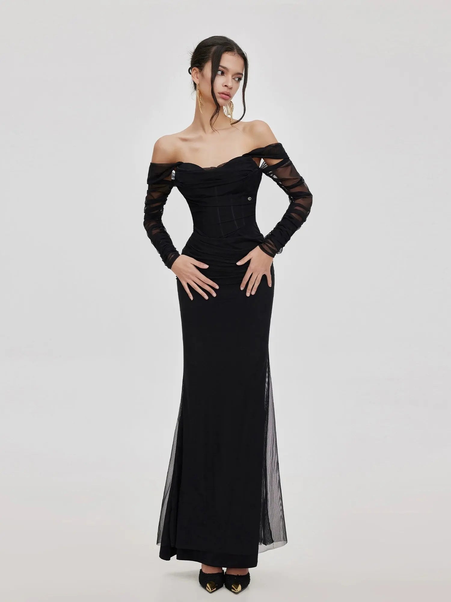 Ariel black Mesh Off-Shoulder Mermaid Maxi Dress Avalabel
