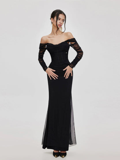 Ariel black Mesh Off-Shoulder Mermaid Maxi Dress