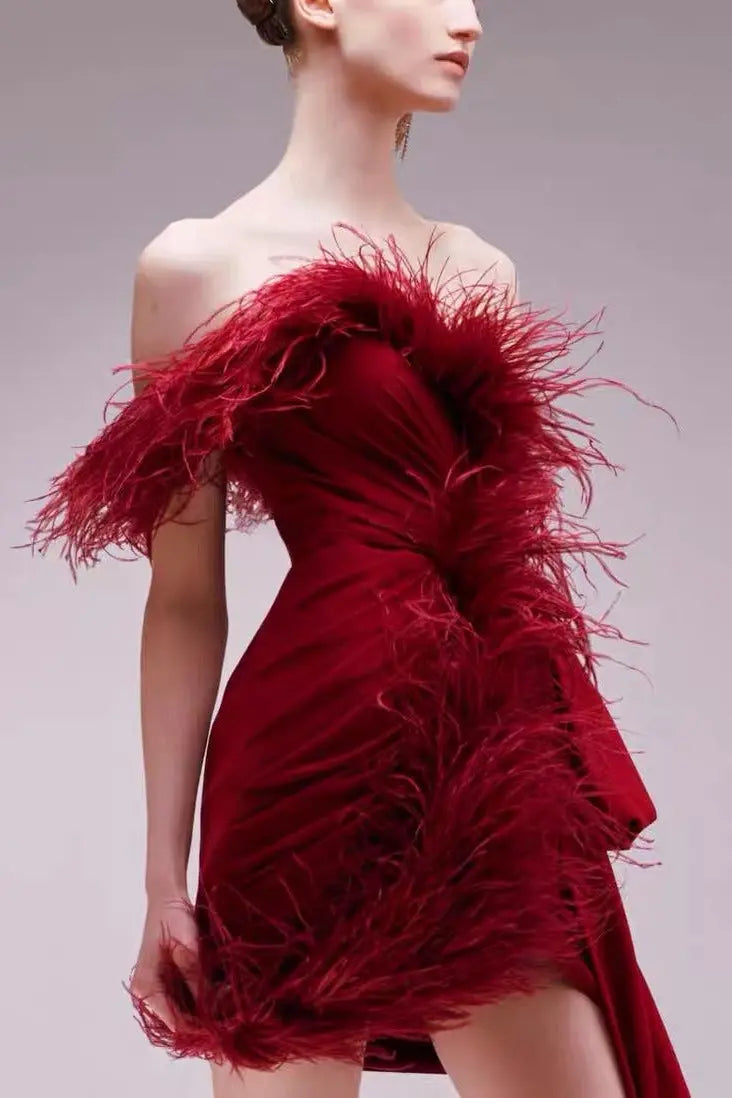 burgundy feather embellished strapless mini dress Avalabel