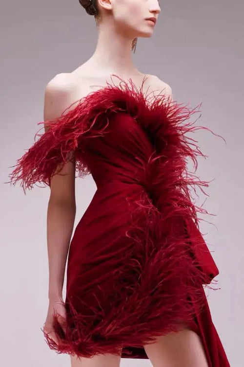 burgundy feather embellished strapless mini dress Avalabel