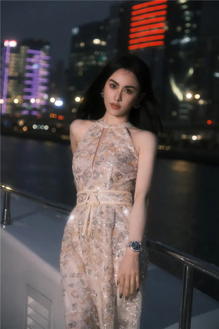 Gold Couture with Floral Embroidery Sequin Banquet Dress Avalabel